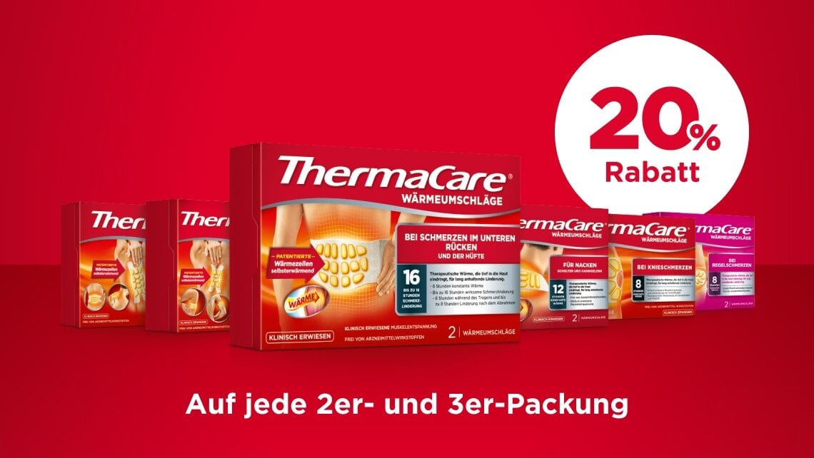 Werbebild für ThermaCare Wärmepflaster mit einem 20 % Rabatt-Hinweis in einem weißen Kreis auf rotem Hintergrund. Alle Varainten der Wärmepflaster sind abgebildet, darunter 2er- und 3er-Packungen, sind abgebildet. Der Text am unteren Rand informiert über den Rabatt auf jede 2er- und 3er-Packung.