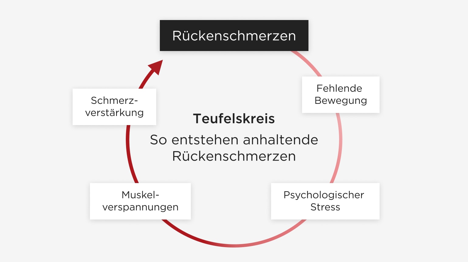 Grafische Darstellung zur Entstehung von Rückenschmerzen. Bestimmte Faktoren wie fehlende Bewegung, psychologischer Stress, Muskelverspannungen und Schmerzverstärkung bedingen und verstärken sich gegenseitig und bilden einen Teufelskreis.